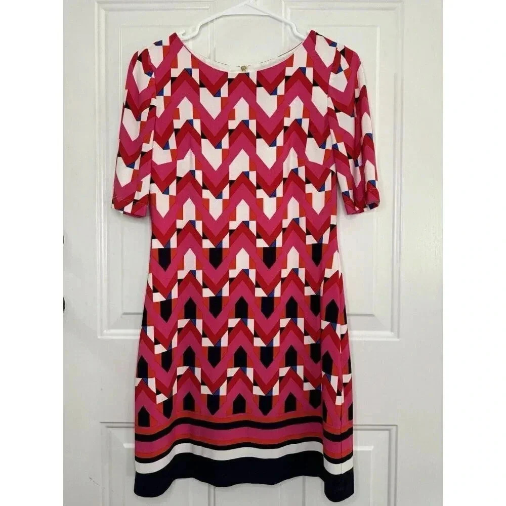 ELIZA J Women's Pink White Geometric Stretch Back Zipper Dress 2 Petite Formal